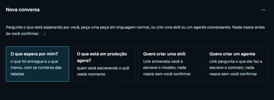 Tela de nova conversa da CraftIA: perguntar o que espera por você, o que está em produção, criar uma skill ou um agente