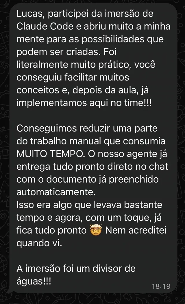Print do WhatsApp: Lis Nogueira conta que depois da aula implementou no time um agente que entrega o documento preenchido direto no chat