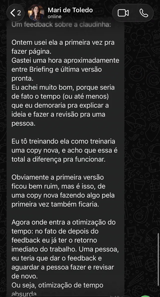 Print do WhatsApp: Mari de Toledo conta que gastou uma hora entre o briefing e a última versão da página, e que treina a IA como treinaria uma copy nova