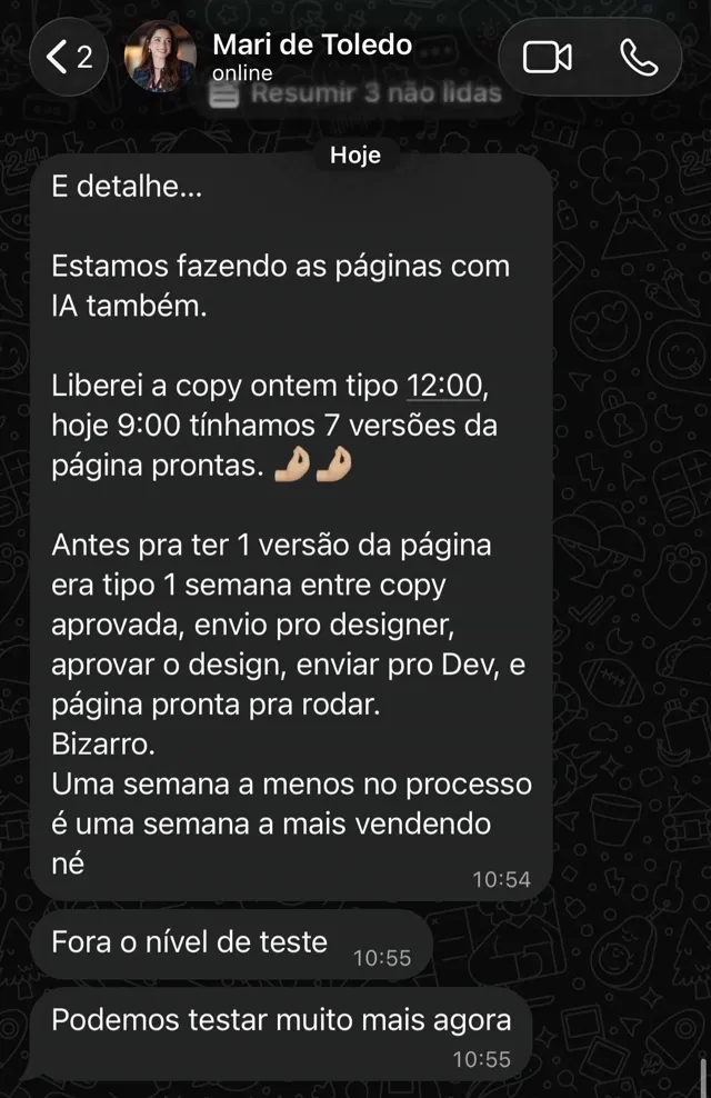 Print do WhatsApp: Mari de Toledo conta que liberou a copy ao meio-dia e às 9h do dia seguinte tinha sete versões da página prontas, quando antes uma versão levava uma semana