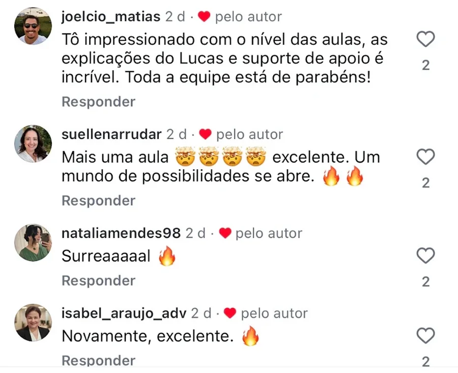 Comentários no Instagram durante o Desafio sobre o nível das aulas, a didática, o suporte e o material de apoio