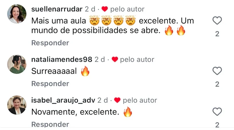Comentários no Instagram durante o Desafio sobre o nível das aulas
